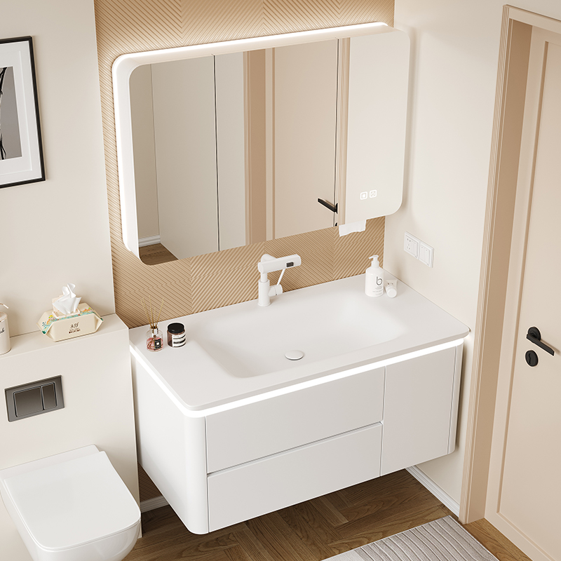 橡木浴室柜岩板热弯一体盆包安装