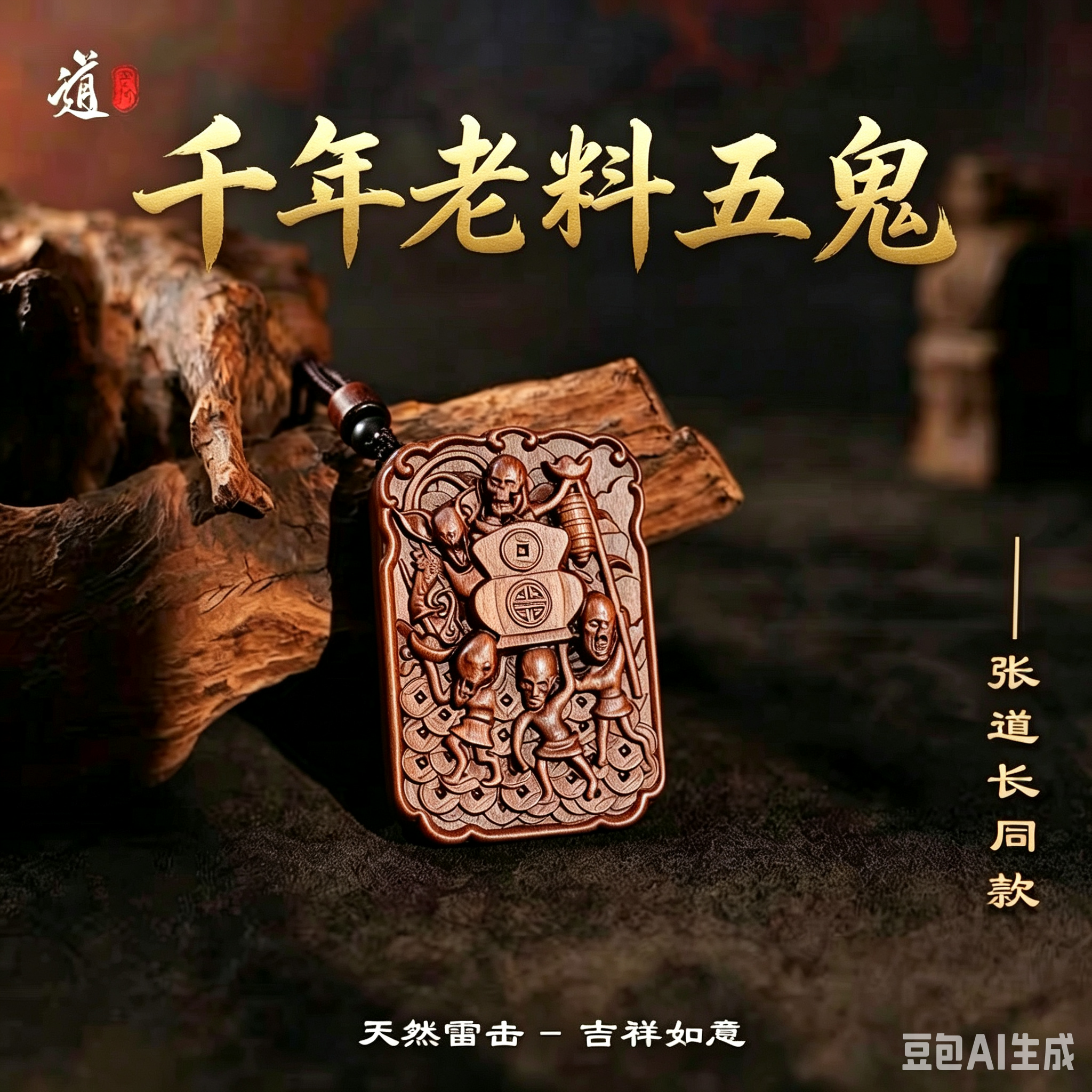 龙虎山官方旗舰店天然雷击枣木五鬼财神吊坠财神挂件道家饰品