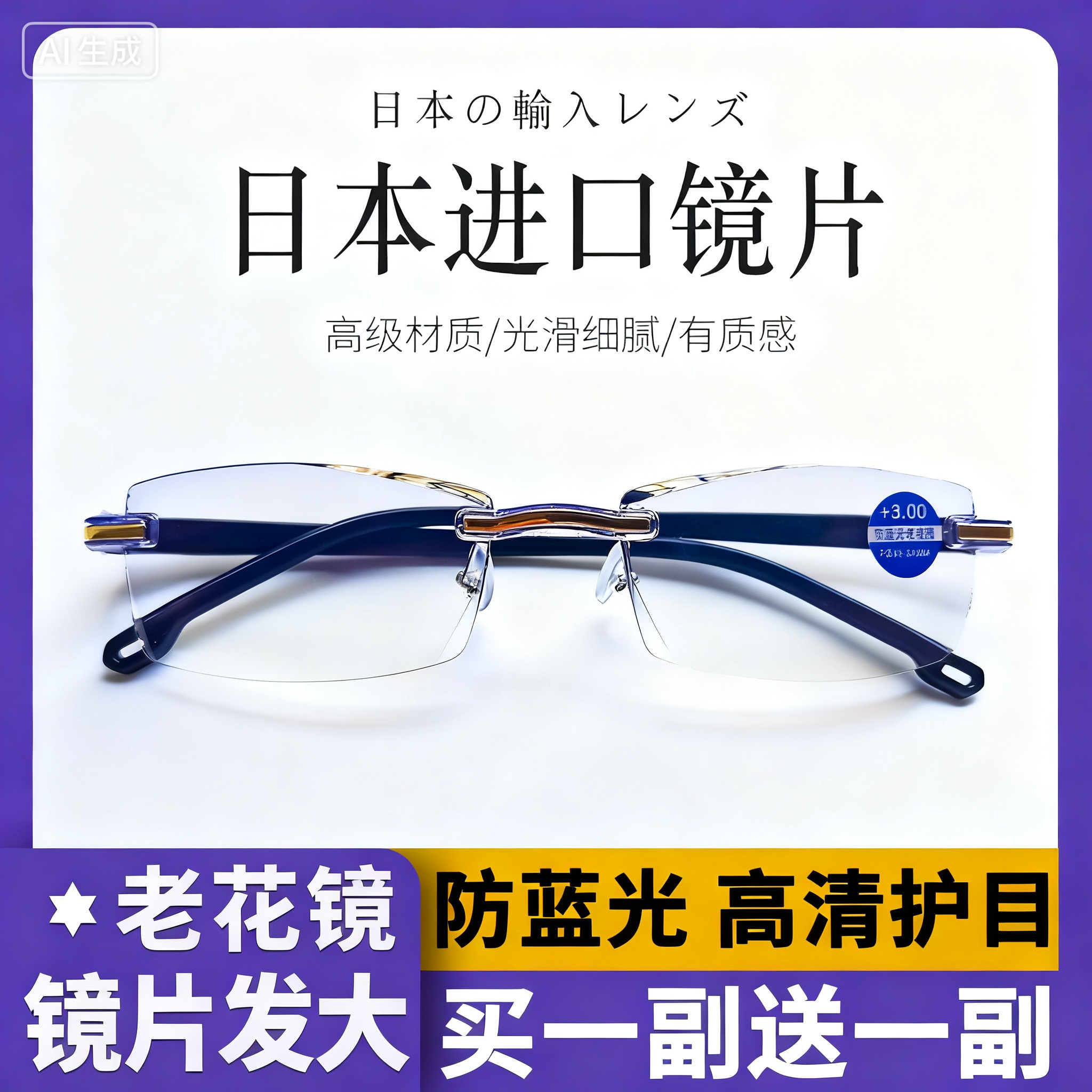 高清无框防蓝光老花镜男女士时尚超轻老光抗疲劳眼镜钻石切边老人