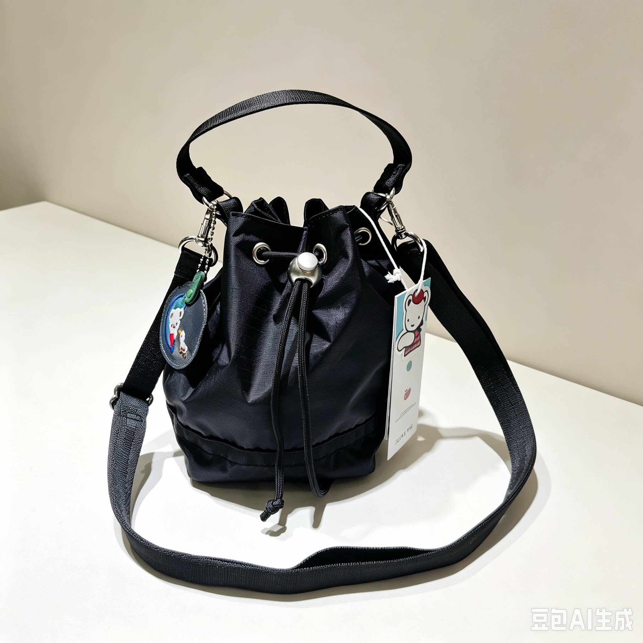 纯黑色绳水桶小包 可手提斜挎 带苹果小熊镜子挂件休闲女包