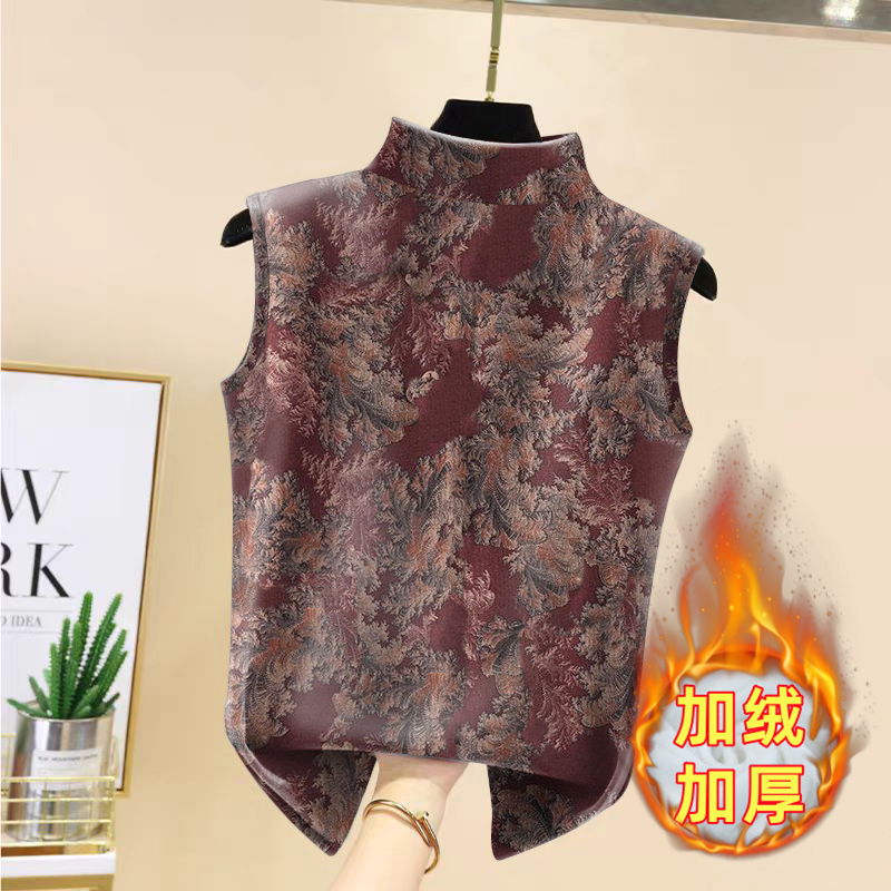 保暖兔绒半高领背心女冬新款印花修身显瘦无袖上衣百搭洋气打底衫