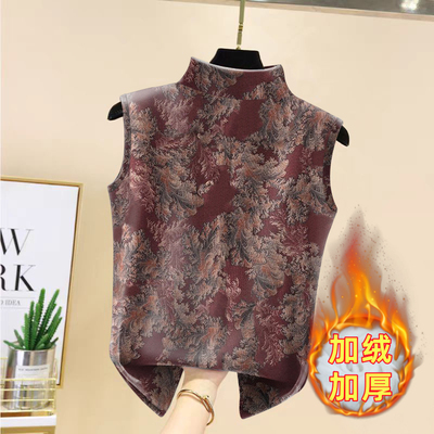 保暖兔绒半高领背心女冬新款印花修身显瘦无袖上衣百搭洋气打底衫