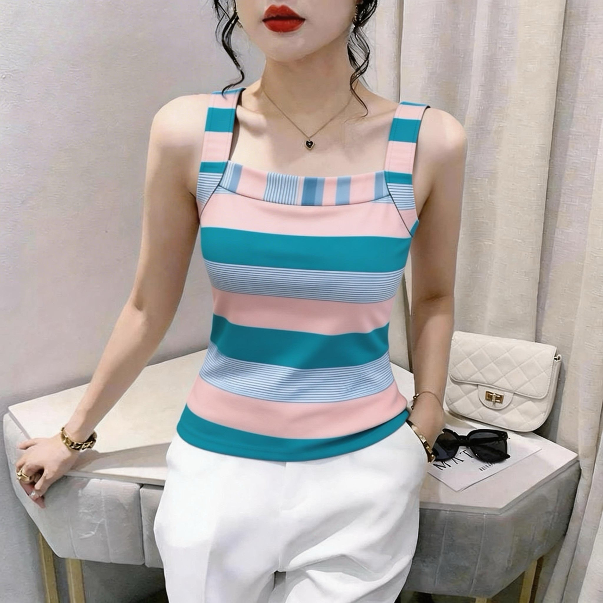 断码捡漏~夏季条纹女装专柜高档吊带上衣背心修身遮肉百搭上衣潮图片