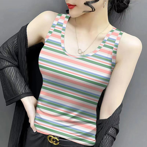 夏季新款吊带背心高档U领内搭修身气质印花女士无袖外穿冰丝小衫