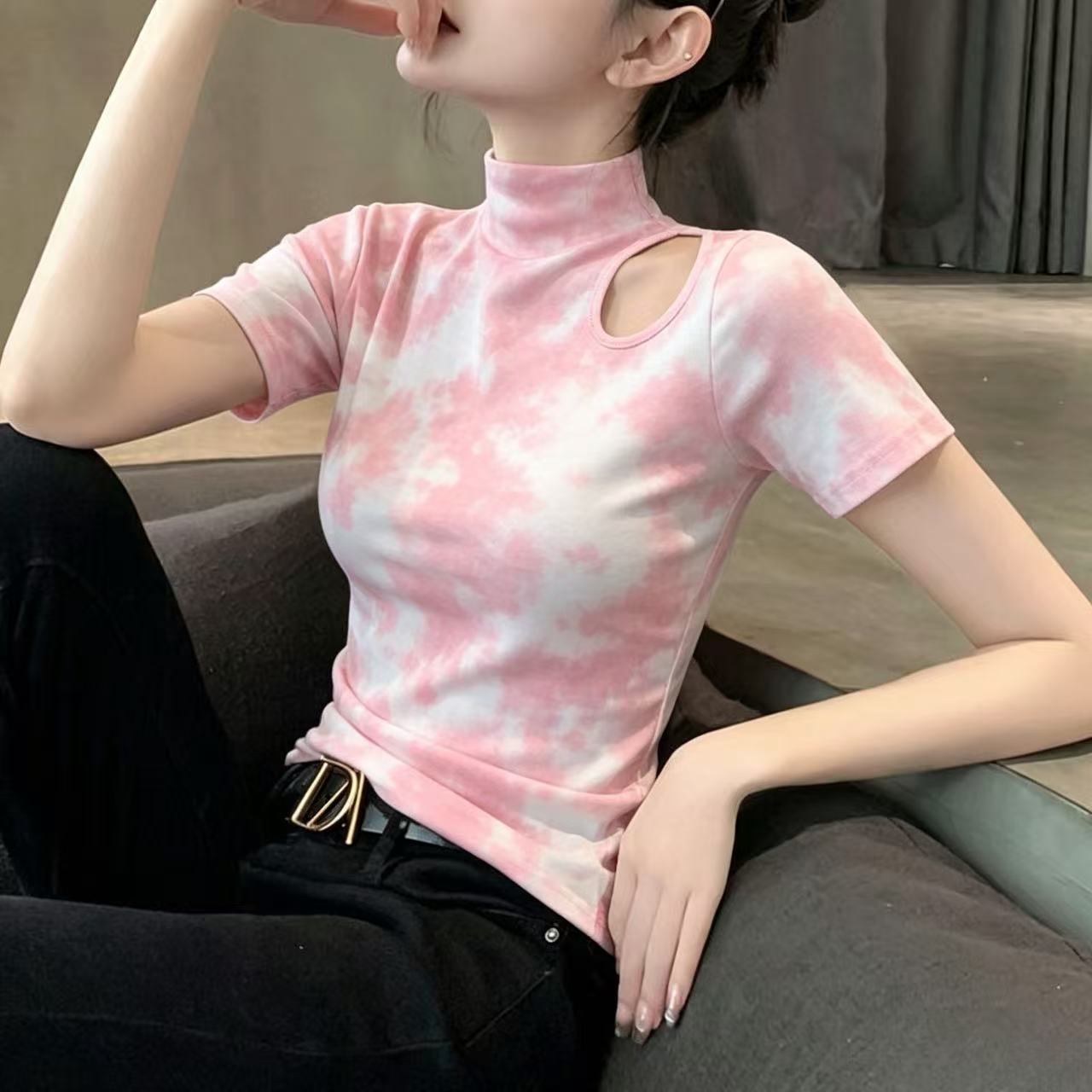 夏季晕染镂空冰丝半高领女T恤