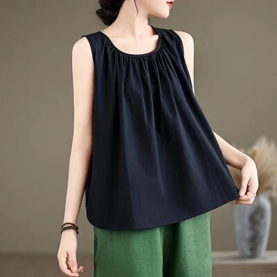 夏季时尚圆领A版百褶云朵棉无袖背心女宽松百搭显瘦纯色休闲上衣