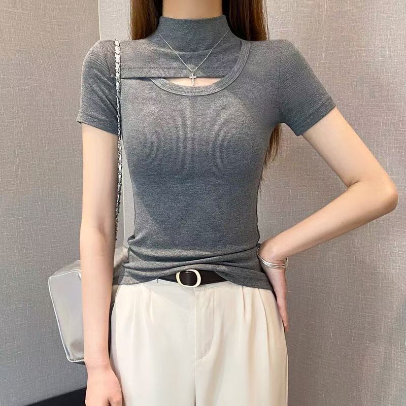 螺纹半高领镂空短袖t恤女2026年春夏女士打底衫百搭中领正肩上衣