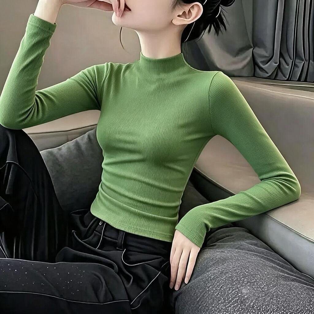纯色冰丝长袖t恤女2026秋季冬新款薄款修身显瘦半高领打底上衣ins