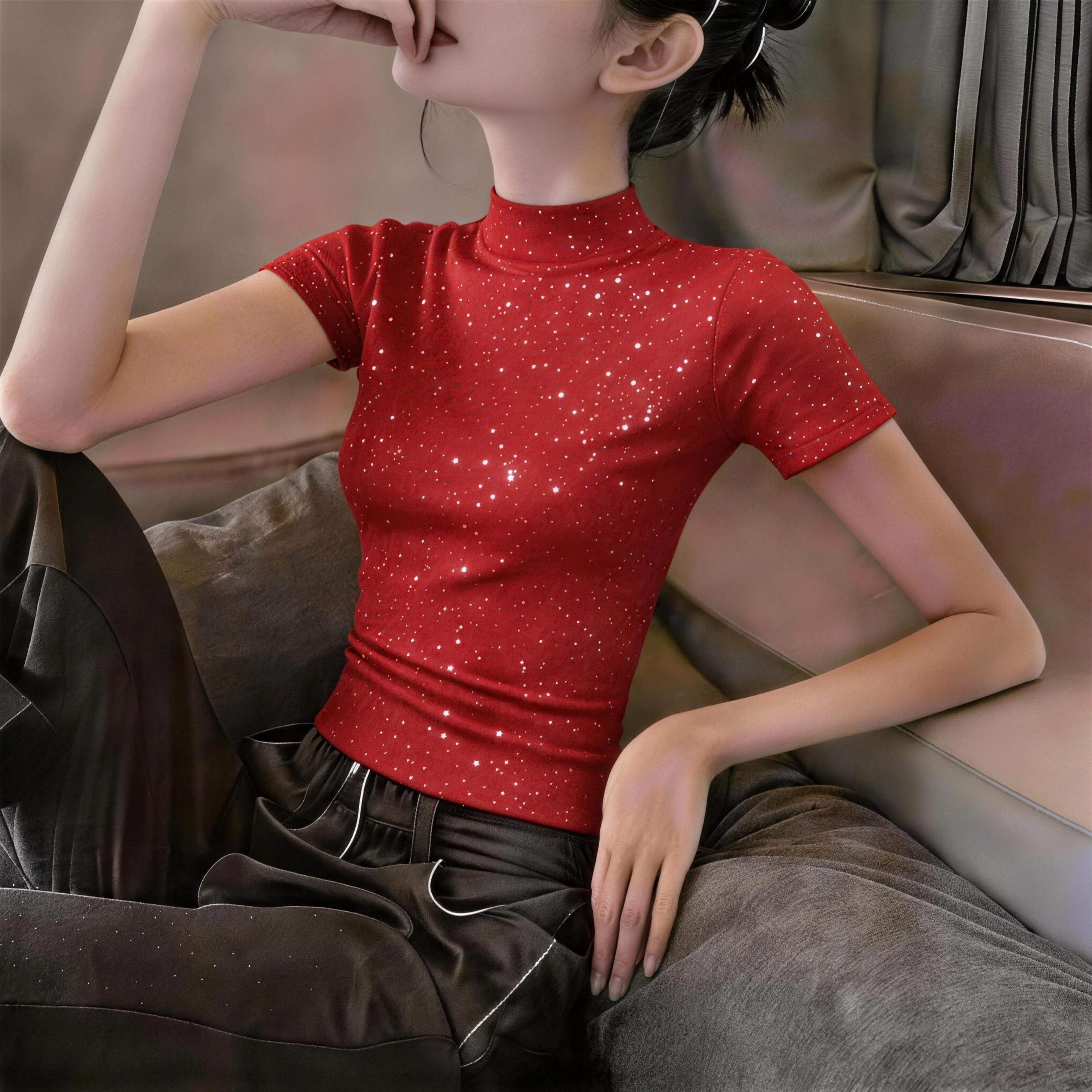 晕染印花冰丝短袖t恤女夏季新款薄款印花修身显瘦半高领上衣ins