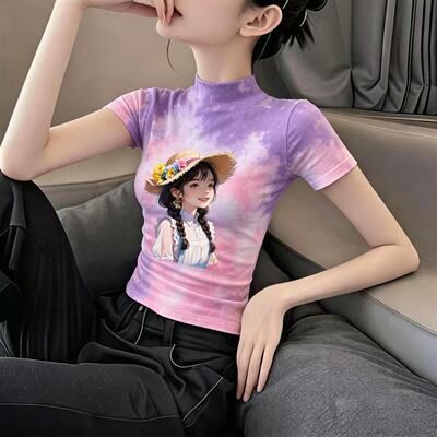 晕染印花冰丝短袖t恤女夏季新款薄款印花修身显瘦半高领上衣ins