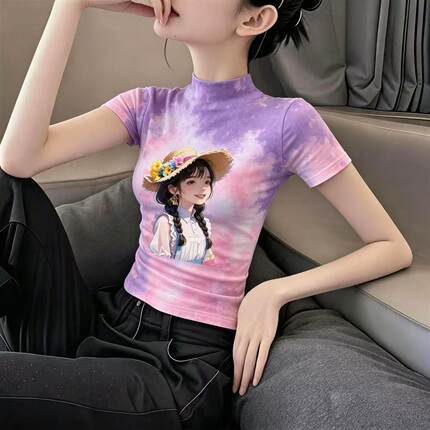 晕染印花冰丝短袖t恤女夏季新款薄款印花修身显瘦半高领上衣ins