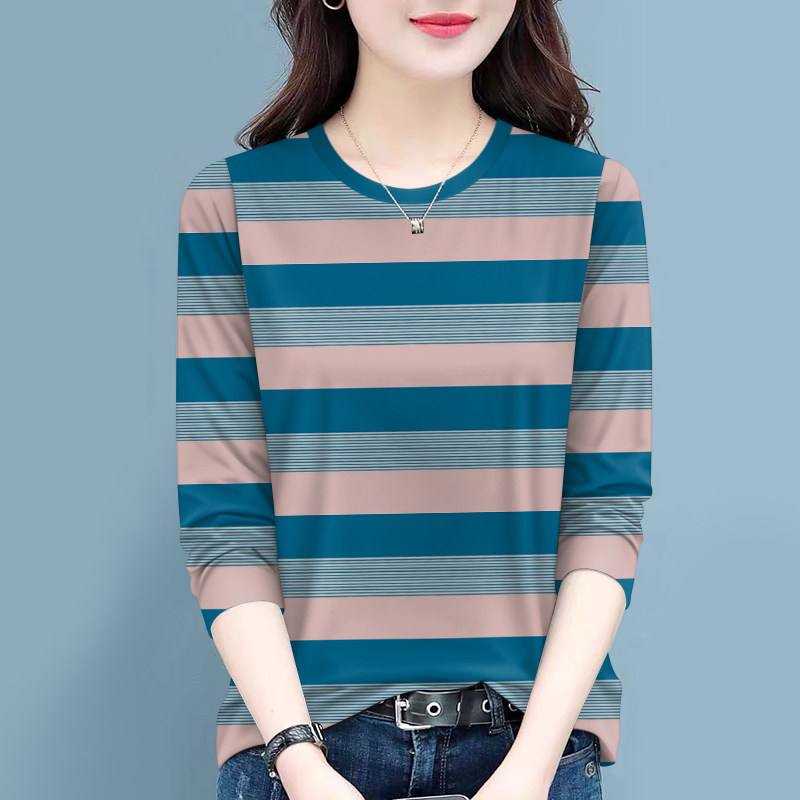 秋季时尚长袖T恤女春秋新款胖mm大码宽松初秋条纹款妈妈打底上衣