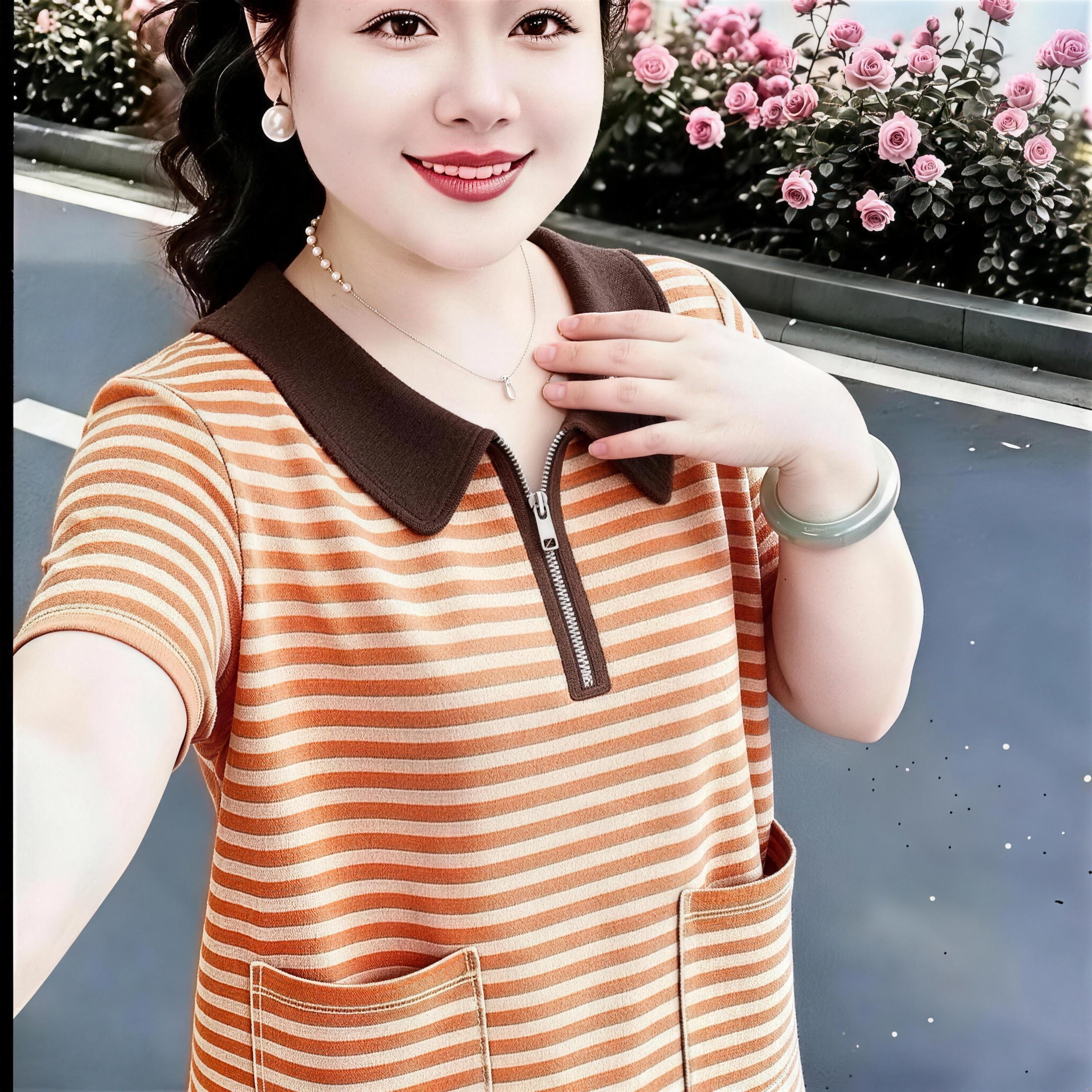 夏季新品短袖双口袋气质百搭休闲宽松高级感翻领条纹T恤妈妈上衣