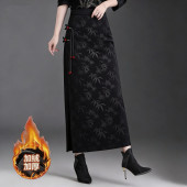 显瘦开叉一步包臀裙加绒加厚 时尚 国风丝绒半身裙高腰新款 中长款