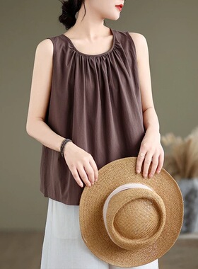 夏季时尚圆领A版百褶棉绸无袖背心女宽松百搭显瘦t恤纯色休闲上衣