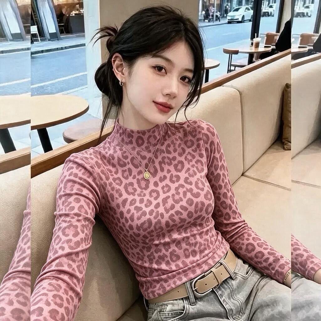 豹纹印花长袖t恤女秋冬季新款印花修身显瘦打底衫半高领上衣ins