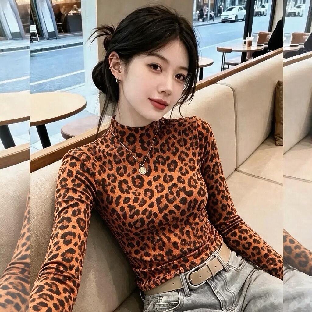 豹纹印花长袖t恤女秋冬季新款印花修身显瘦打底衫半高领上衣ins