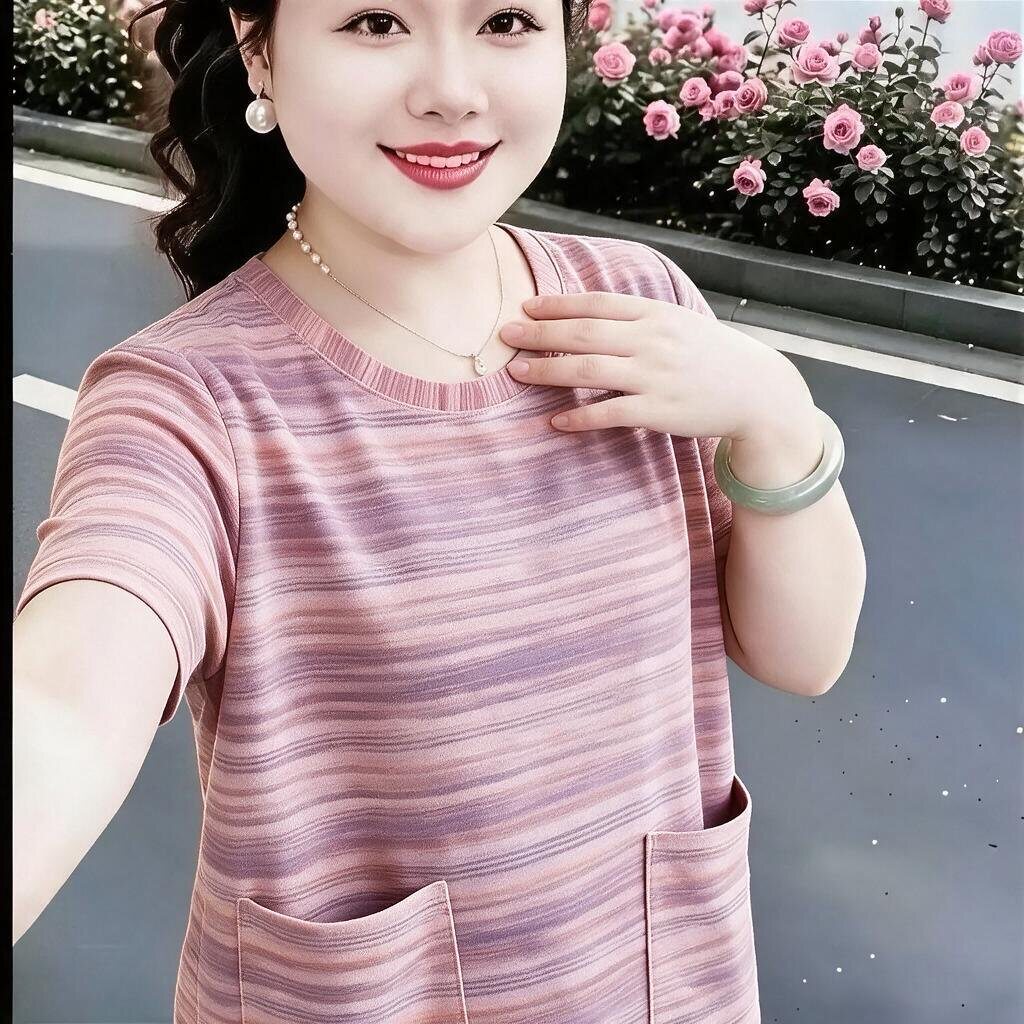 夏季双口袋条纹宽松短袖妈妈T恤