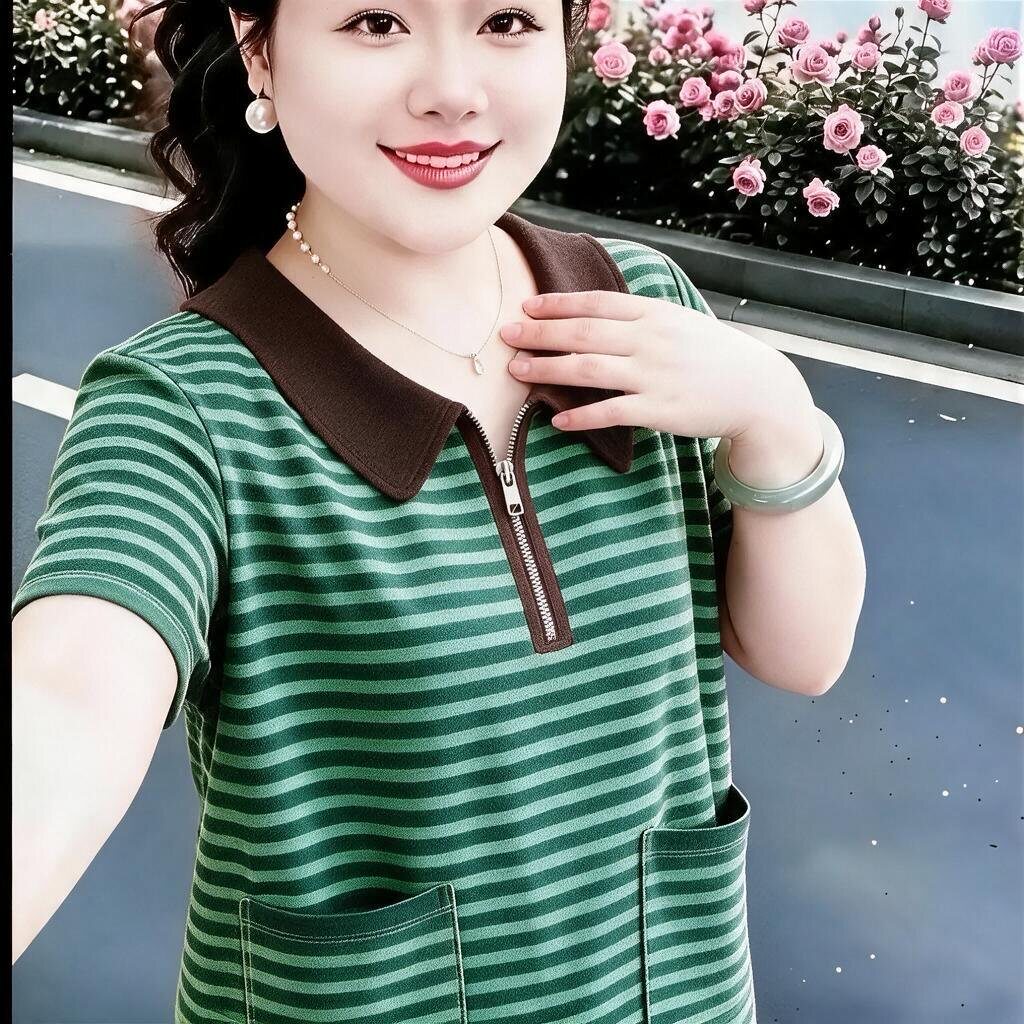 夏季条纹翻领宽松短袖妈妈T恤