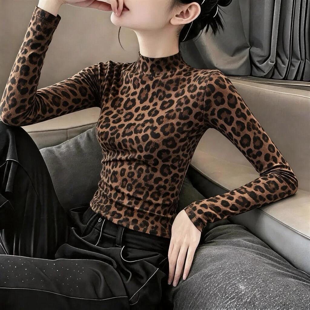 豹纹印花半高领显瘦长袖T恤女