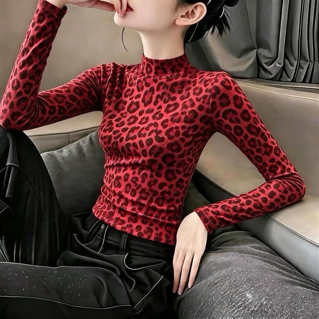 豹纹印花长袖t恤女秋冬季新款印花修身显瘦打底衫半高领上衣ins