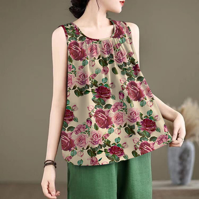 夏季时尚圆领A版百褶印花无袖背心女宽松百搭显瘦t恤吊带休闲上衣