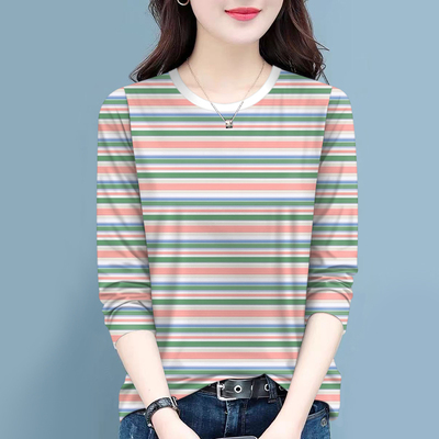 秋季时尚长袖T恤女春秋新款胖mm大码宽松初秋条纹款妈妈打底上衣