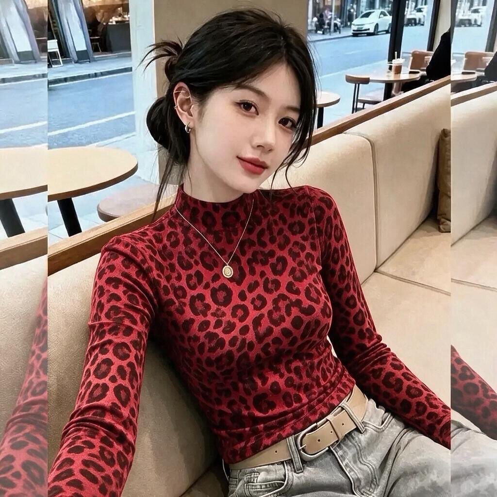 豹纹印花长袖t恤女秋冬季新款印花修身显瘦打底衫半高领上衣ins