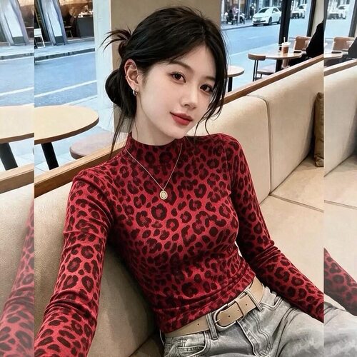 豹纹印花长袖t恤女秋冬季新款印花修身显瘦打底衫半高领上衣ins