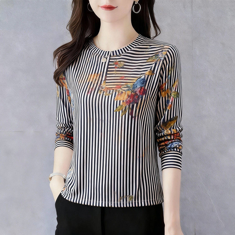 长袖t恤女2025秋季新款印花圆领大码遮肚打底衫妈妈宽松显瘦上衣