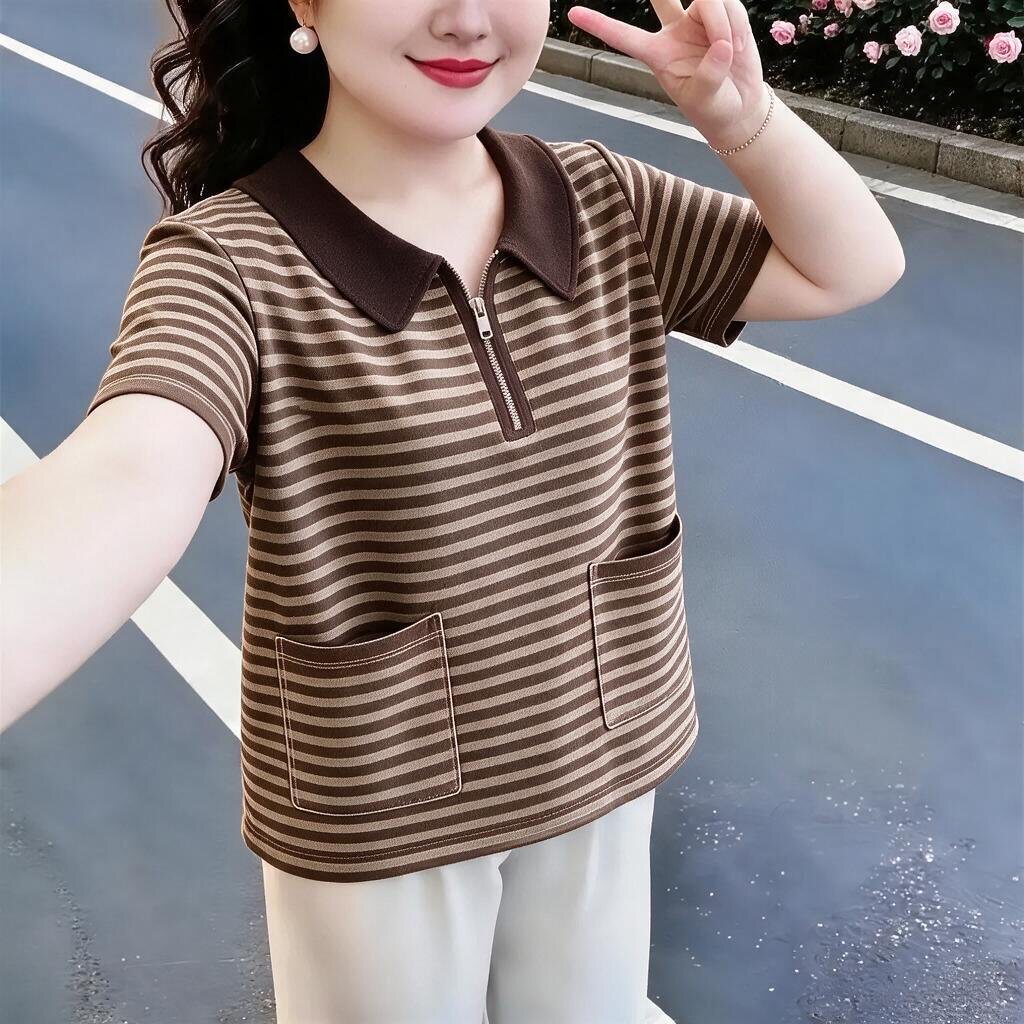 夏季新品短袖双口袋气质百搭休闲宽松高级感翻领条纹T恤妈妈上衣