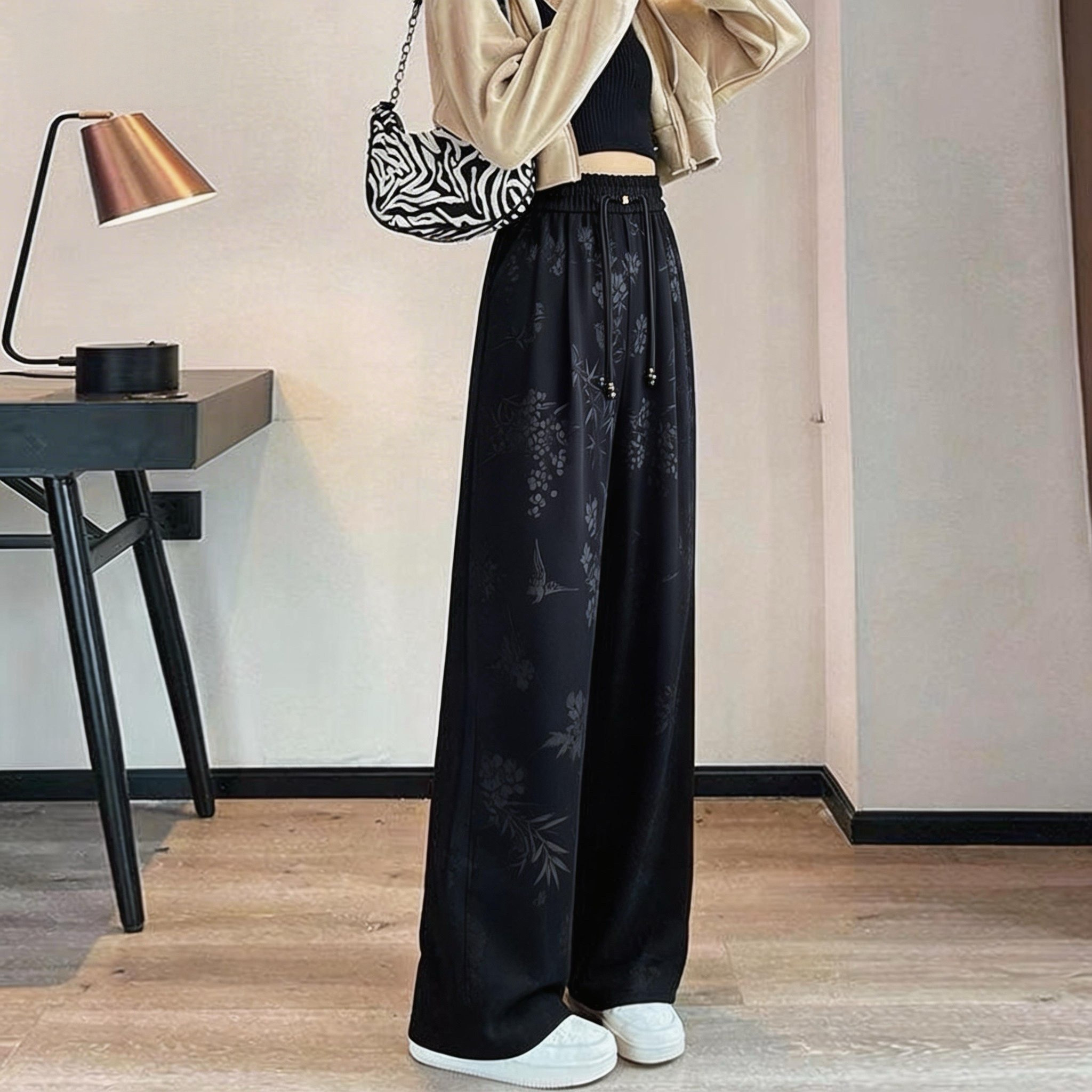 胖mm大码显瘦新中式国风阔腿裤女夏季薄款高腰宽松垂感提花长裤