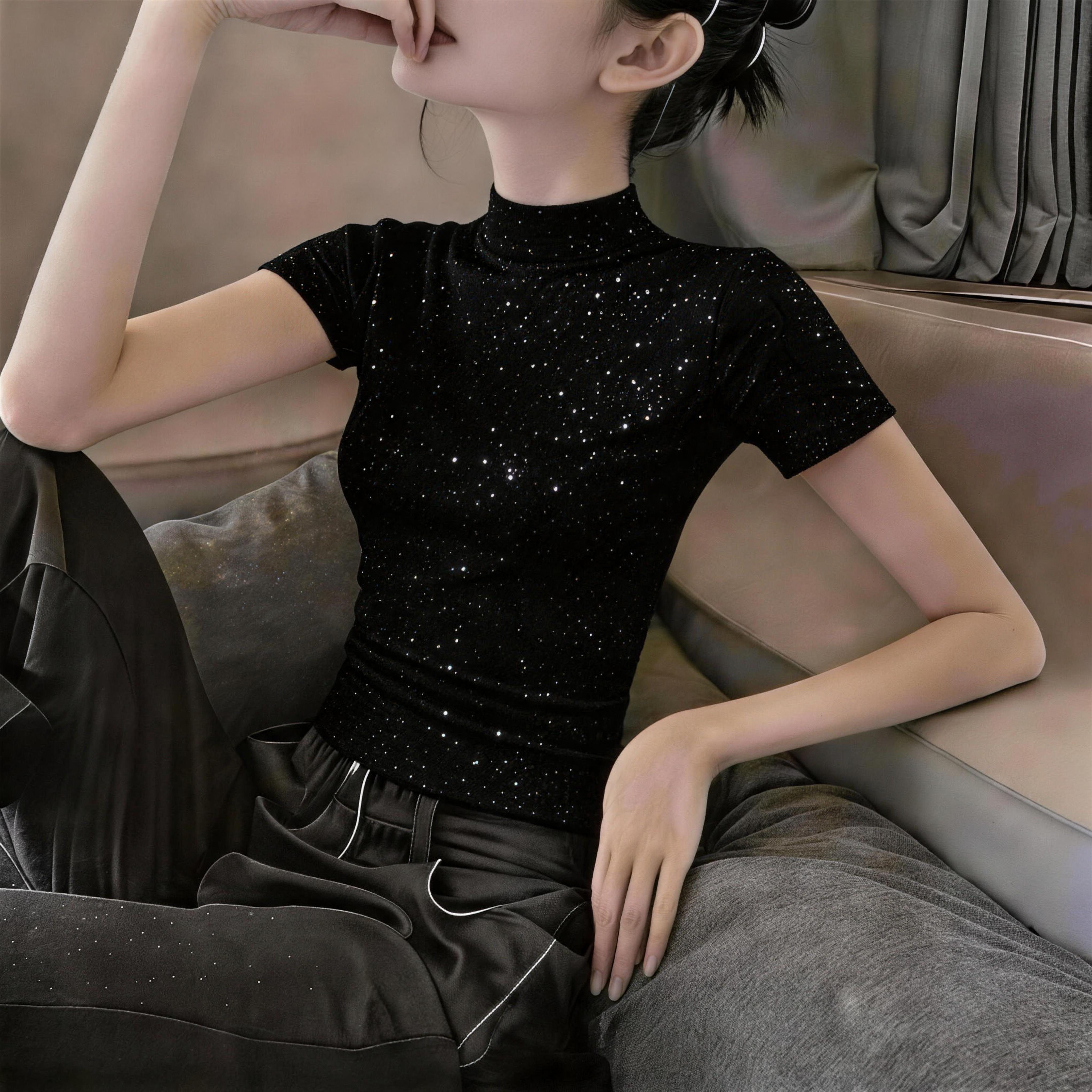 晕染印花冰丝短袖t恤女夏季新款薄款印花修身显瘦半高领上衣ins