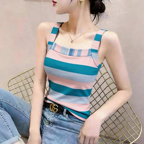 夏季条纹修身遮肉百搭女吊带