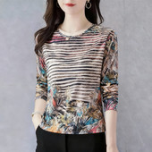 t恤女2025秋季 新款 印花圆领大码 长袖 遮肚打底衫 妈妈宽松显瘦上衣