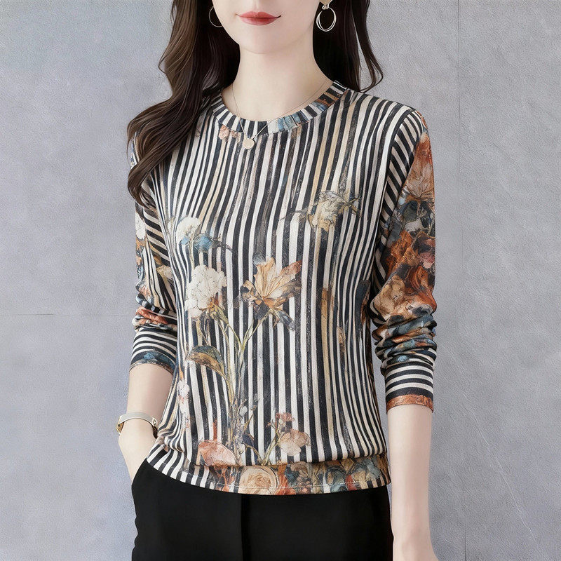 长袖t恤女2025秋季新款印花圆领大码遮肚打底衫妈妈宽松显瘦上衣