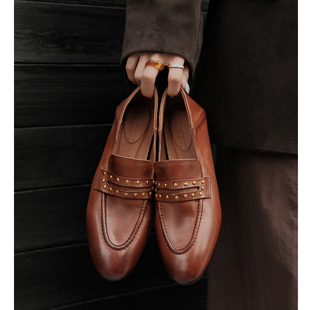 Kmeizu开口笑~纯真皮3.5cm中粗跟乐福鞋女一脚蹬小皮鞋休闲单鞋软