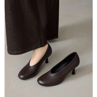 型敲正 脚简约真皮宴会ol单鞋 7cm细跟高跟鞋 圆头装 女新款 Kmeizu版