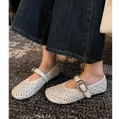 女春夏透气一字扣带大圆头平底单鞋 Kmeizu巨软 镂空水钻玛丽珍鞋