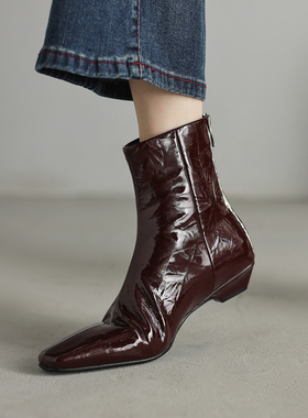 Kmeizu羊漆皮~3cm粗跟短靴女秋冬简约法式后拉链及踝裸通勤骑士靴
