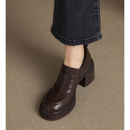 Kmeizu显腿长~软7cm粗跟乐福鞋女简约小皮鞋厚底防水台真皮高跟鞋