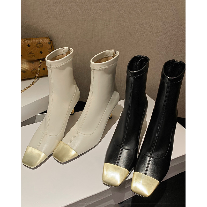 Kmeizu心动美~拼色短靴女秋单靴方头细跟小香风高跟鞋弹力瘦瘦靴,女鞋,弹力靴/袜靴,淘宝优惠券,粉丝福利购,淘宝优惠卷