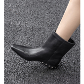 Kmeizu头层牛皮 5cm粗跟短靴女秋冬裤 管靴直筒宽松皮靴气质骑士靴