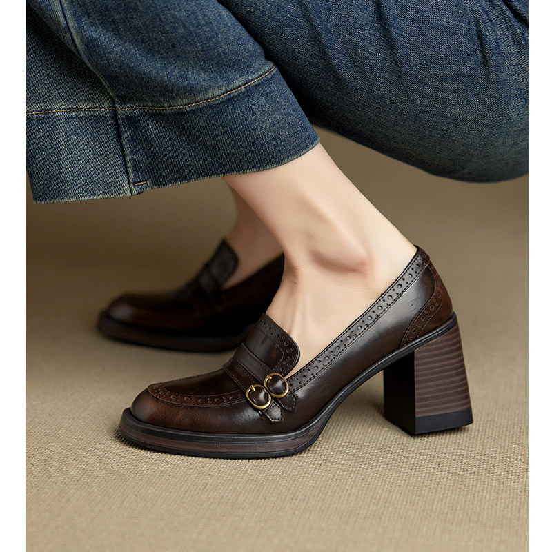 Kmeizu不累脚~7.5cm粗跟擦色高跟鞋女雕花小皮鞋中跟乐福鞋单鞋潮,女鞋,乐福鞋（豆豆鞋）,淘宝优惠券,粉丝福利购,淘宝优惠卷