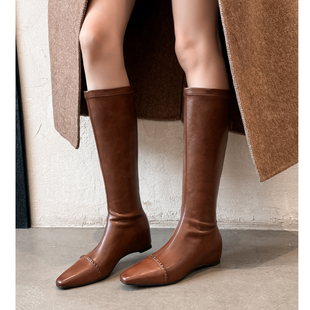 Kmeizu优雅显瘦~内增高靴子女秋冬高筒靴简约弹力靴平底长筒马靴