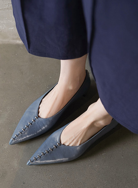 Kmeizu手工高定版~3cm粗跟纯羊皮单鞋女设计感铆钉尖头商务高跟鞋