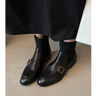 Kmeizu匠心做软鞋 平底短靴女皮带扣真皮马丁靴及踝骑士毛线袜靴