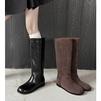 显瘦直筒高筒靴圆头平底骑士靴