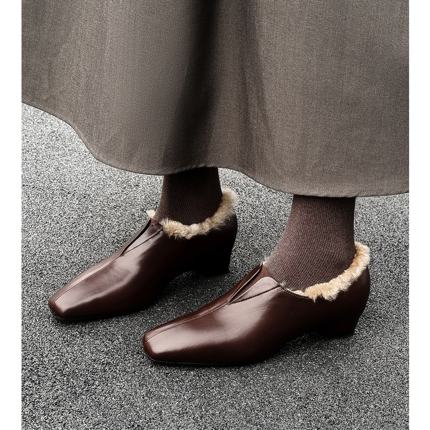 真皮粗跟加绒单鞋毛毛小皮鞋百搭