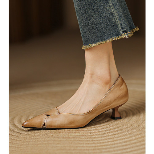 尖头镂空真皮高跟鞋浅口单鞋